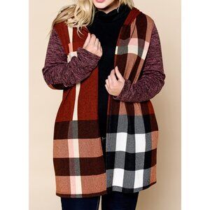 Oddy Plaid Cardigan Sweater Hooded Burgundy Multicolor Size 1X 2X or 3X